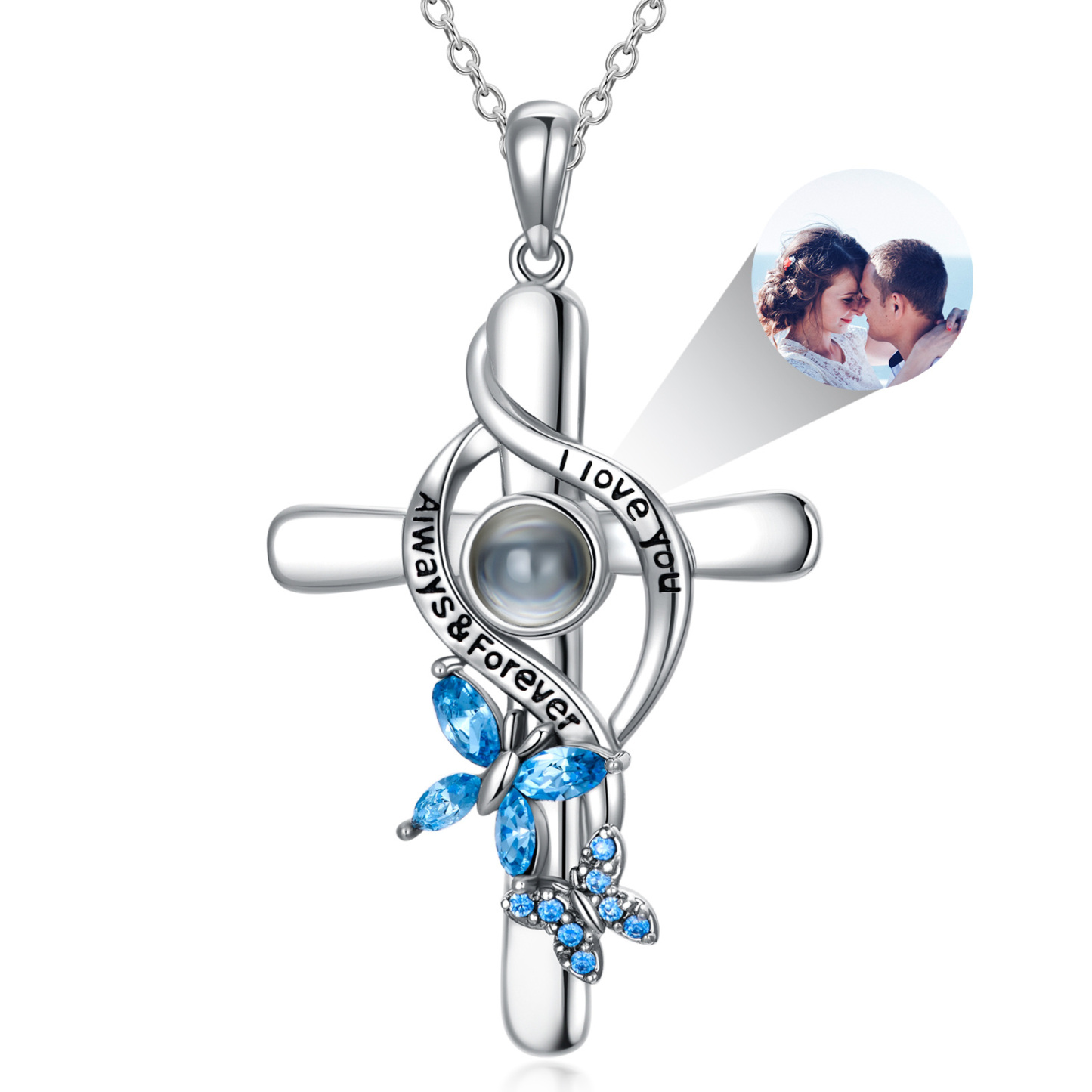Personalized Projection Custom Photo Crystal Butterfly Cross Pendant Necklace in Sterling Silver-YAFEINI Personalized Jewelry