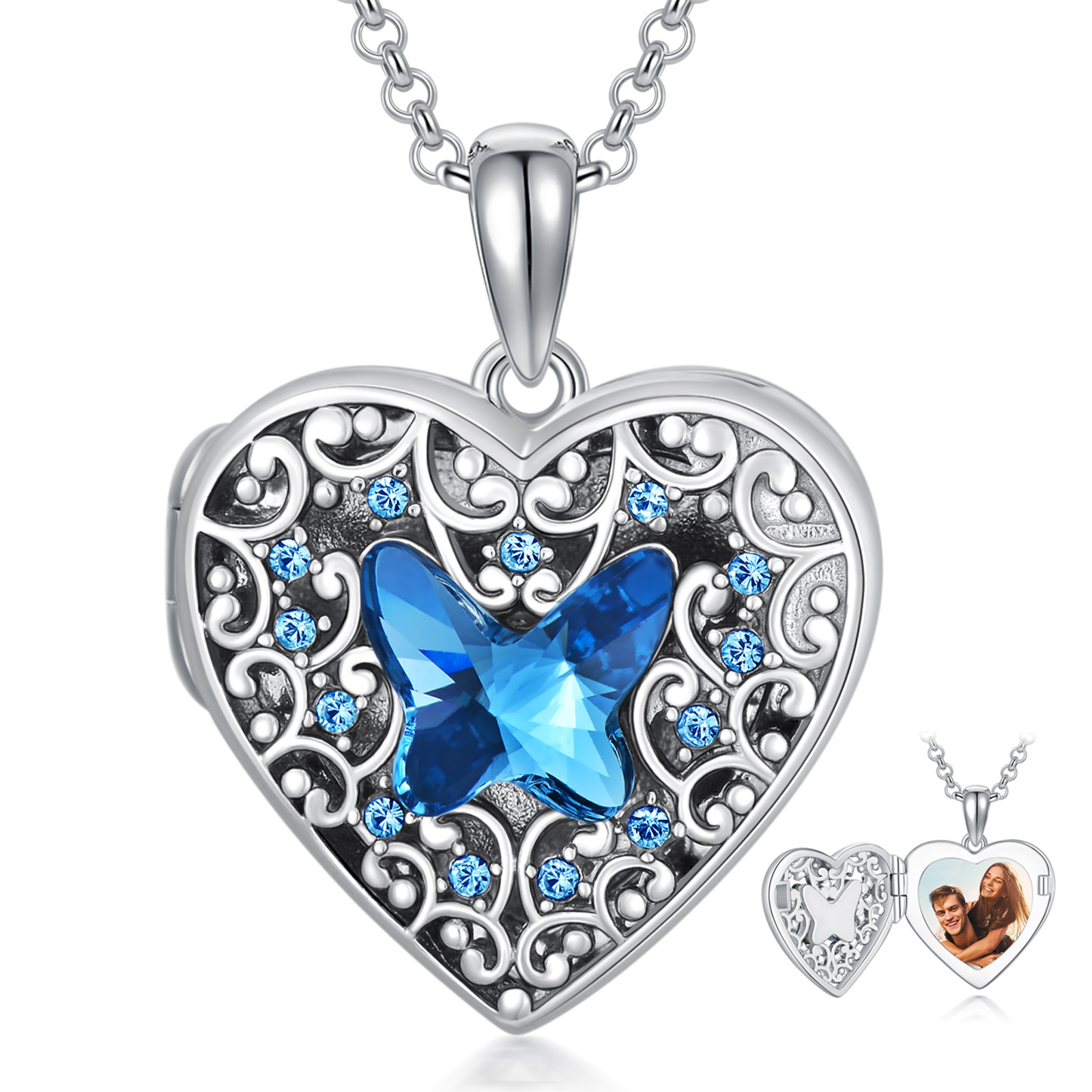 Personalized Blue Butterfly Crystal Heart Custom Photo Locket Necklace in Sterling Silver-YAFEINI Personalized Jewelry