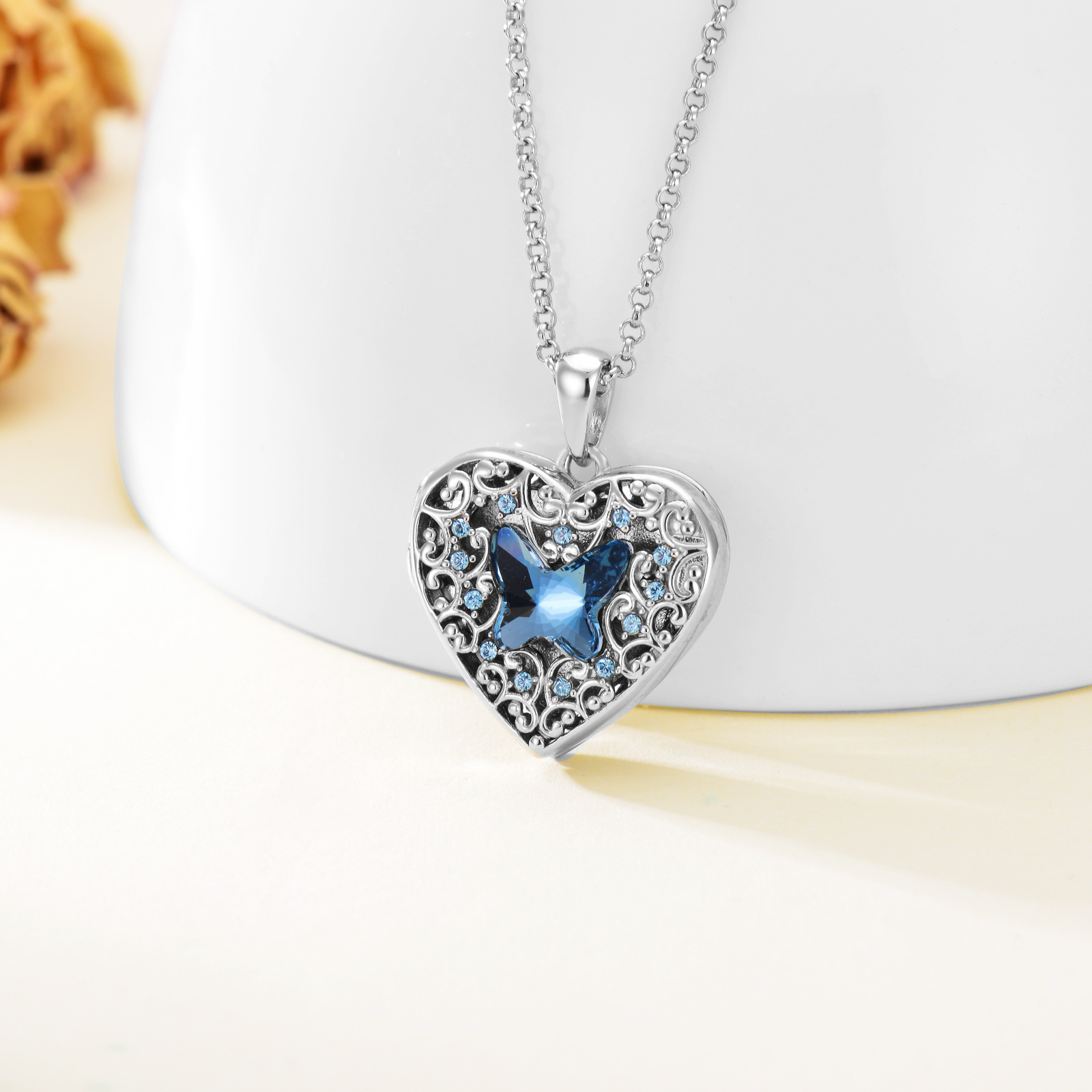 Personalized Blue Butterfly Crystal Heart Custom Photo Locket Necklace in Sterling Silver-YAFEINI Personalized Jewelry