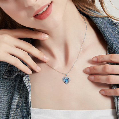 Personalized Blue Butterfly Crystal Heart Custom Photo Locket Necklace in Sterling Silver-YAFEINI Personalized Jewelry