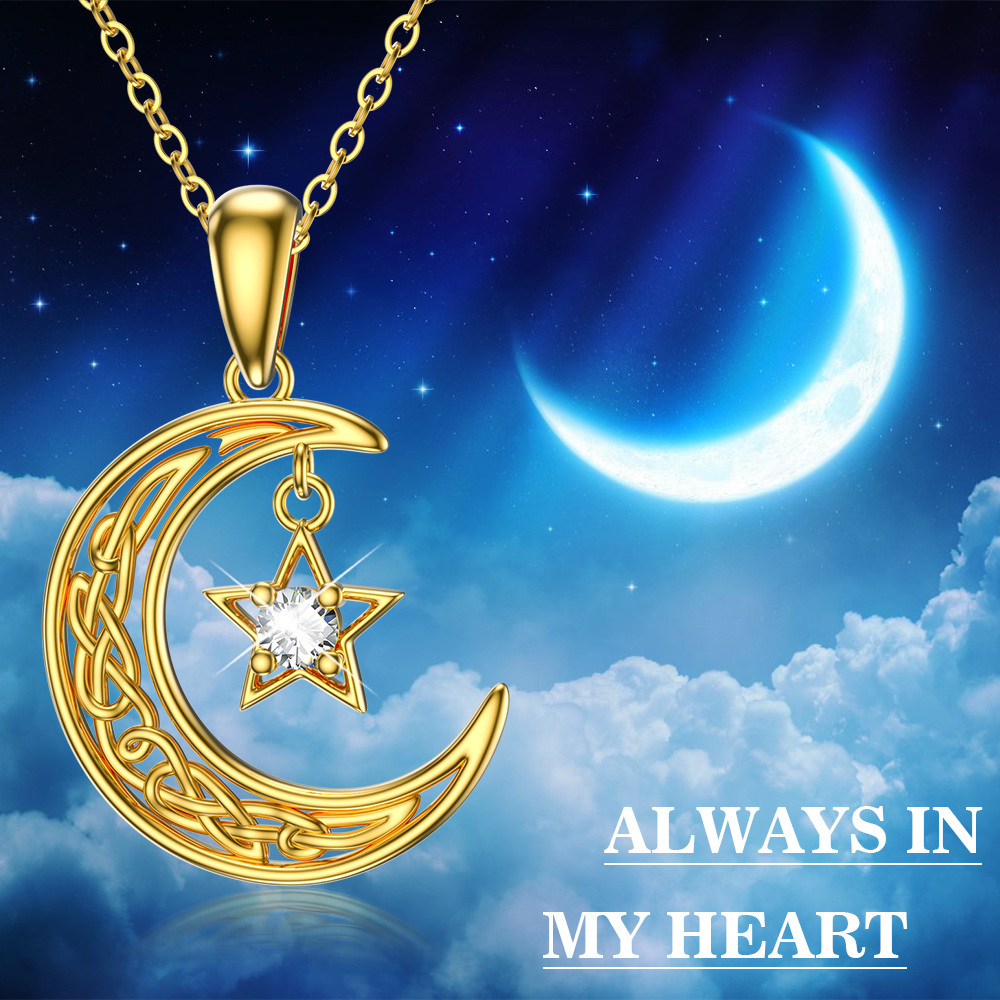 Round Crystal Moon Pendant Birthstone Necklace in Gold Vermeil-YAFEINI Personalized Jewelry
