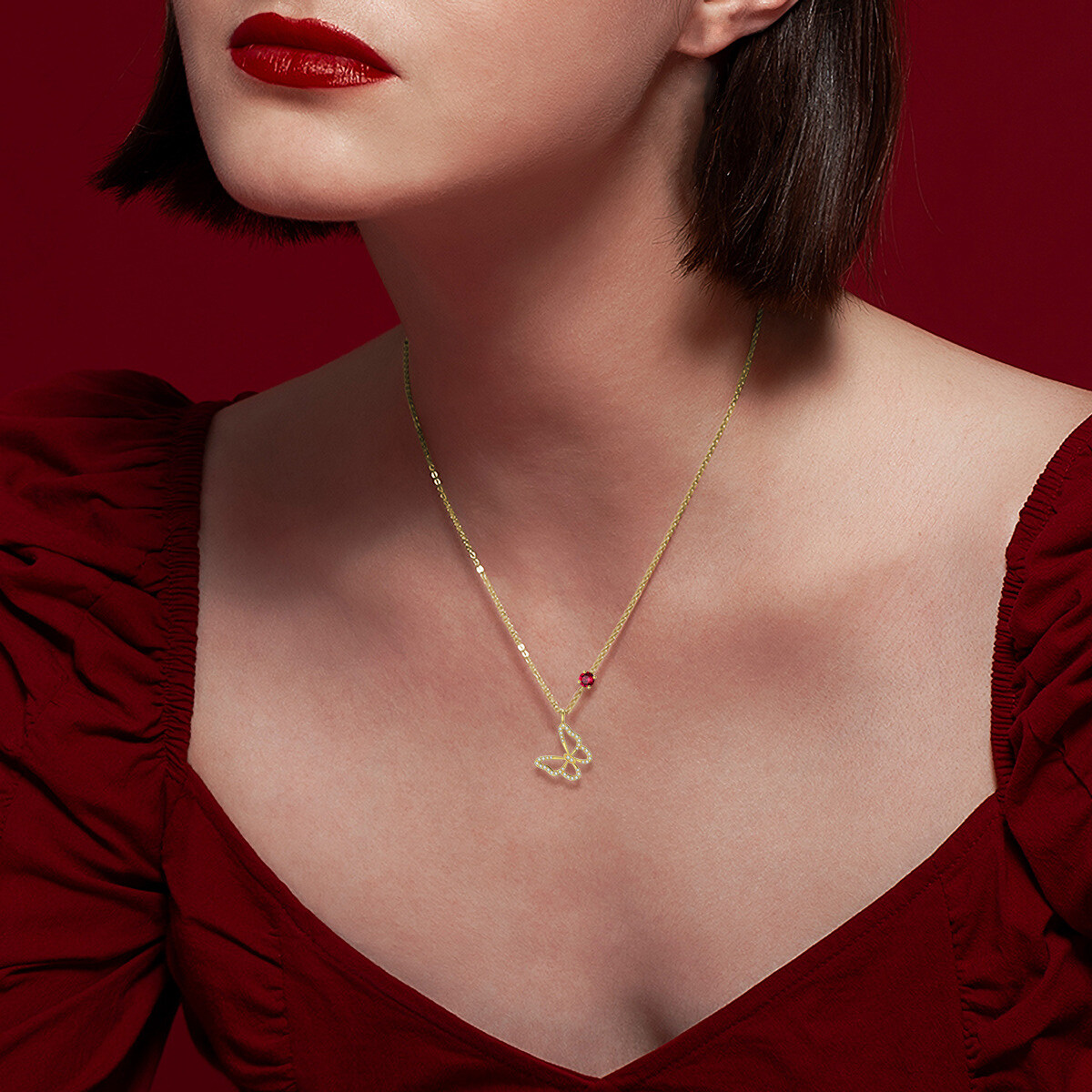 Circular Cubic Zirconia Butterfly Birthstone Necklace in 14K Solid Gold-YAFEINI Personalized Jewelry