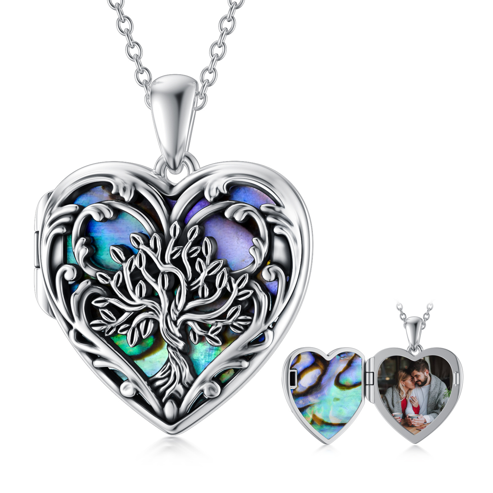 Personalized Heart Abalone Shellfish Tree of Life Custom Photo Locket Necklace in Sterling Silver-YAFEINI Personalized Jewelry