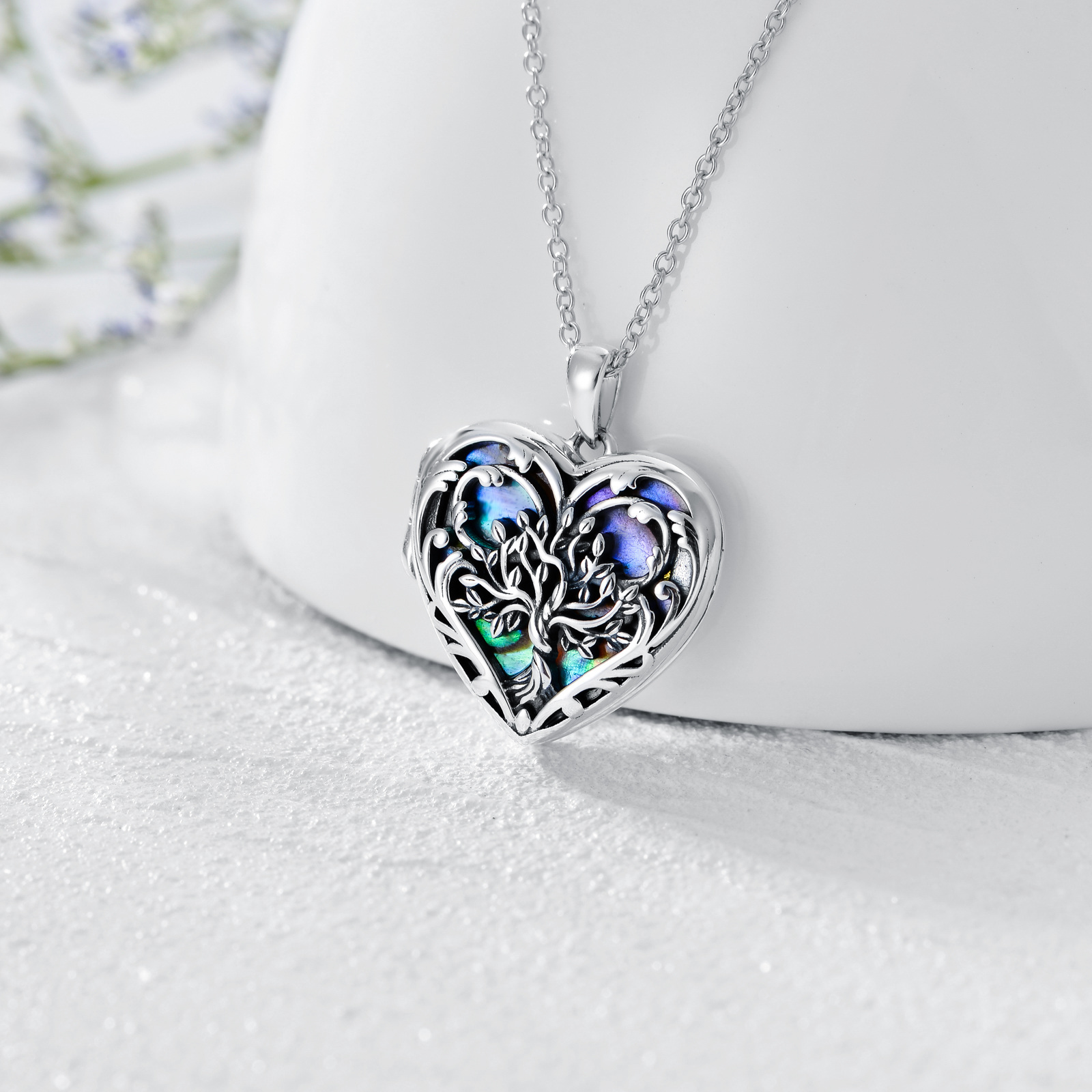 Personalized Heart Abalone Shellfish Tree of Life Custom Photo Locket Necklace in Sterling Silver-YAFEINI Personalized Jewelry