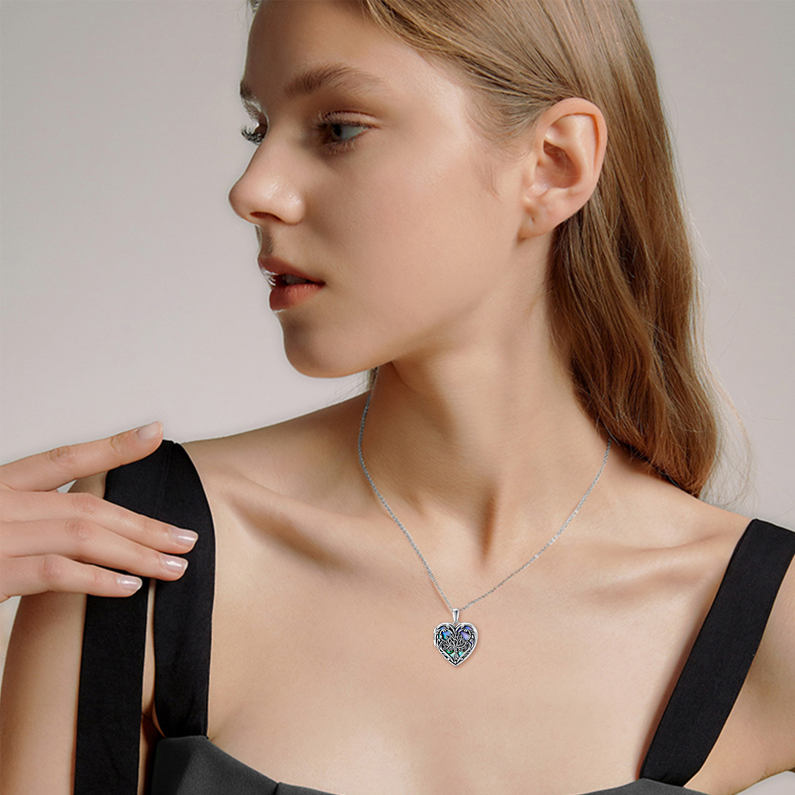 Personalized Heart Abalone Shellfish Tree of Life Custom Photo Locket Necklace in Sterling Silver-YAFEINI Personalized Jewelry