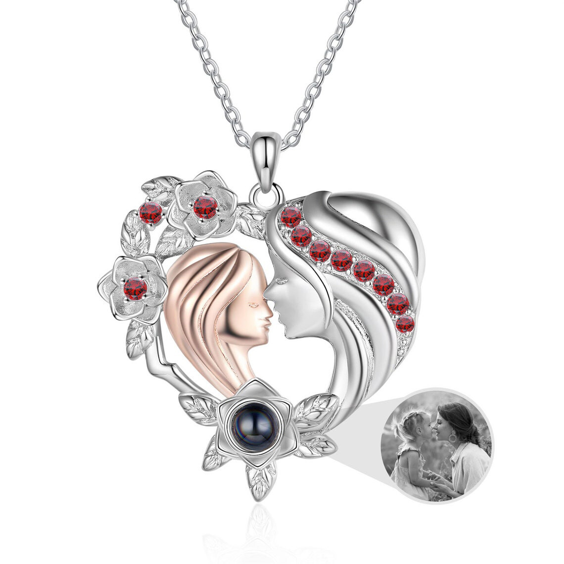 Personalized Heart Red Cubic Zirconia Projection Stone Custom Photo Pendant Necklace for Mother Daughter in Sterling Silver-YAFEINI Personalized Jewelry