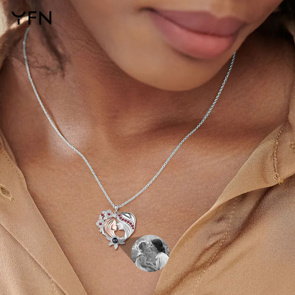Personalized Heart Red Cubic Zirconia Projection Stone Custom Photo Pendant Necklace for Mother Daughter in Sterling Silver-YAFEINI Personalized Jewelry