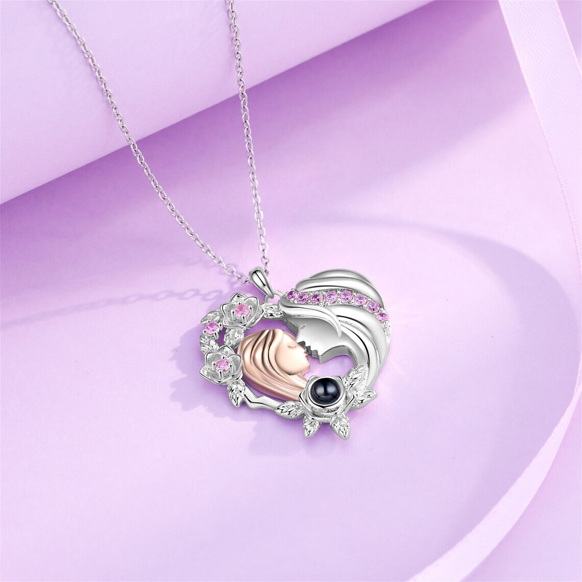 Personalized Heart Red Cubic Zirconia Projection Stone Custom Photo Pendant Necklace for Mother Daughter in Sterling Silver-YAFEINI Personalized Jewelry