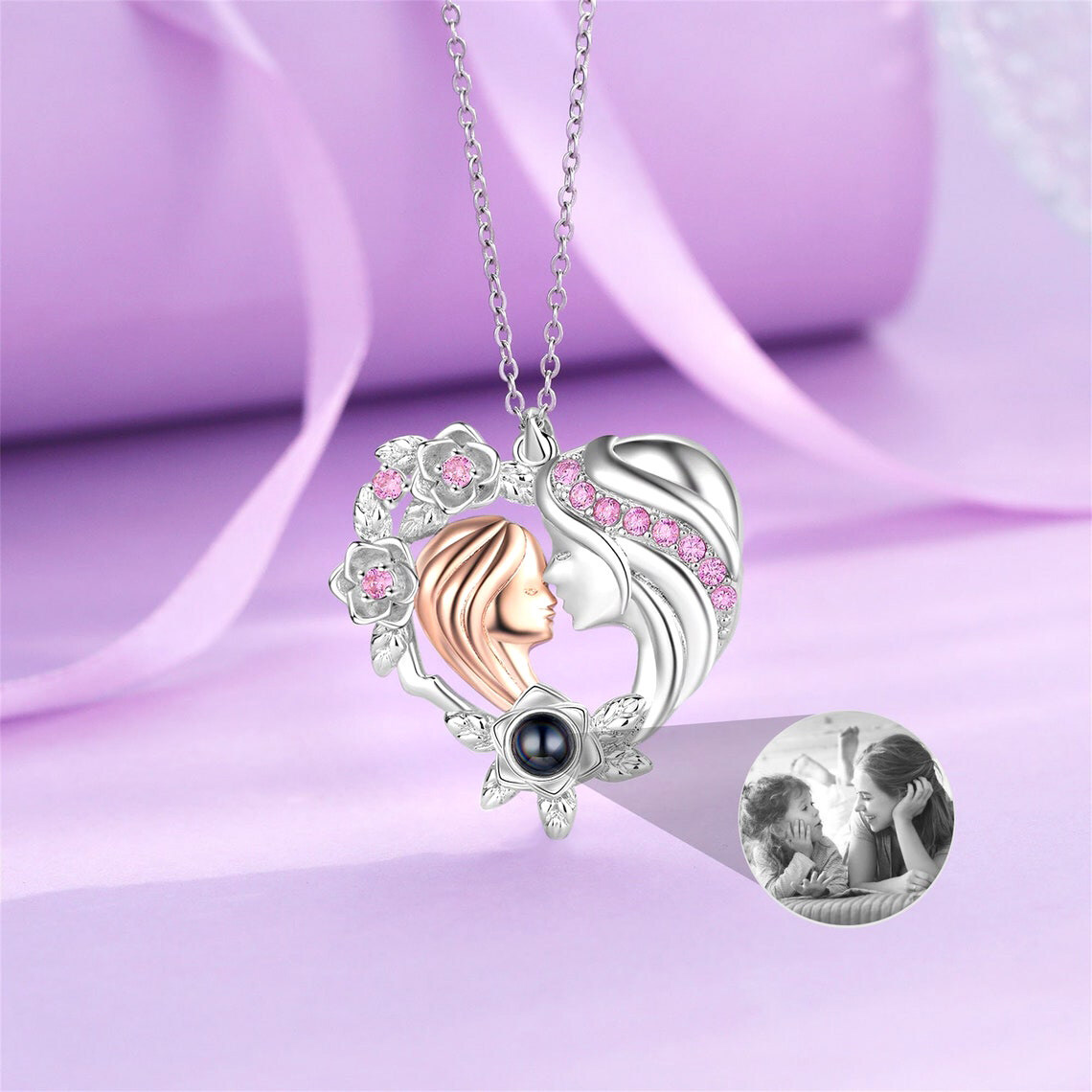Personalized Heart Red Cubic Zirconia Projection Stone Custom Photo Pendant Necklace for Mother Daughter in Sterling Silver-YAFEINI Personalized Jewelry