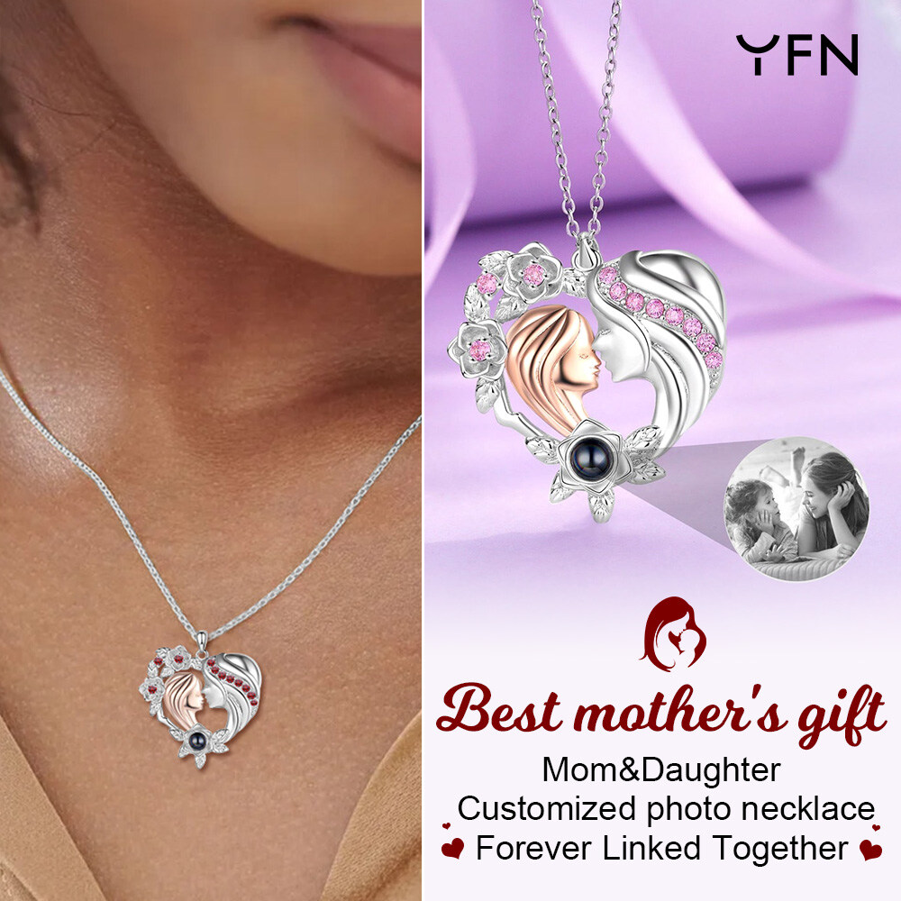 Personalized Heart Red Cubic Zirconia Projection Stone Custom Photo Pendant Necklace for Mother Daughter in Sterling Silver-YAFEINI Personalized Jewelry