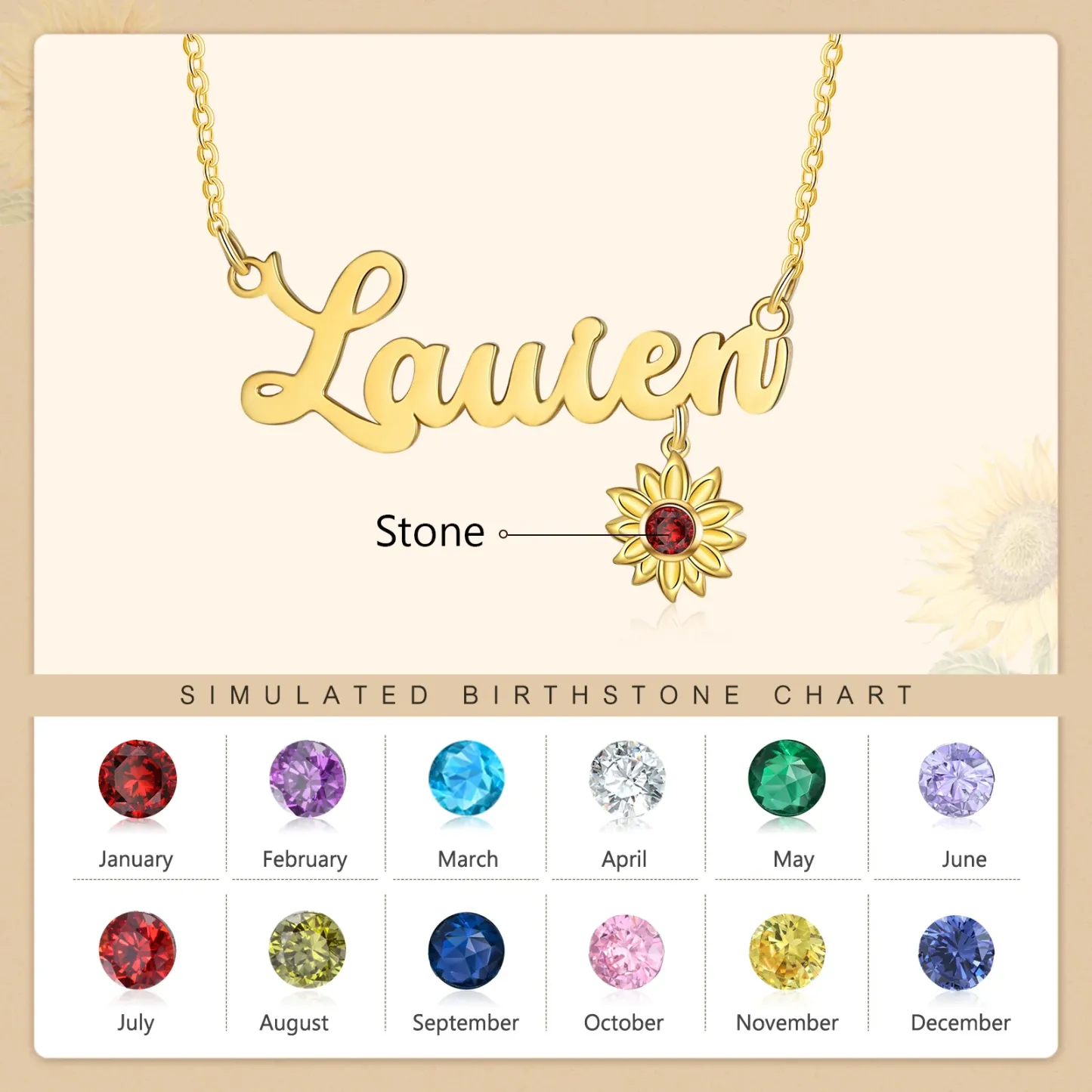 Dazzling Sunflower Birthstone Necklace in Gold Vermeil-YAFEINI Personalized Jewelry
