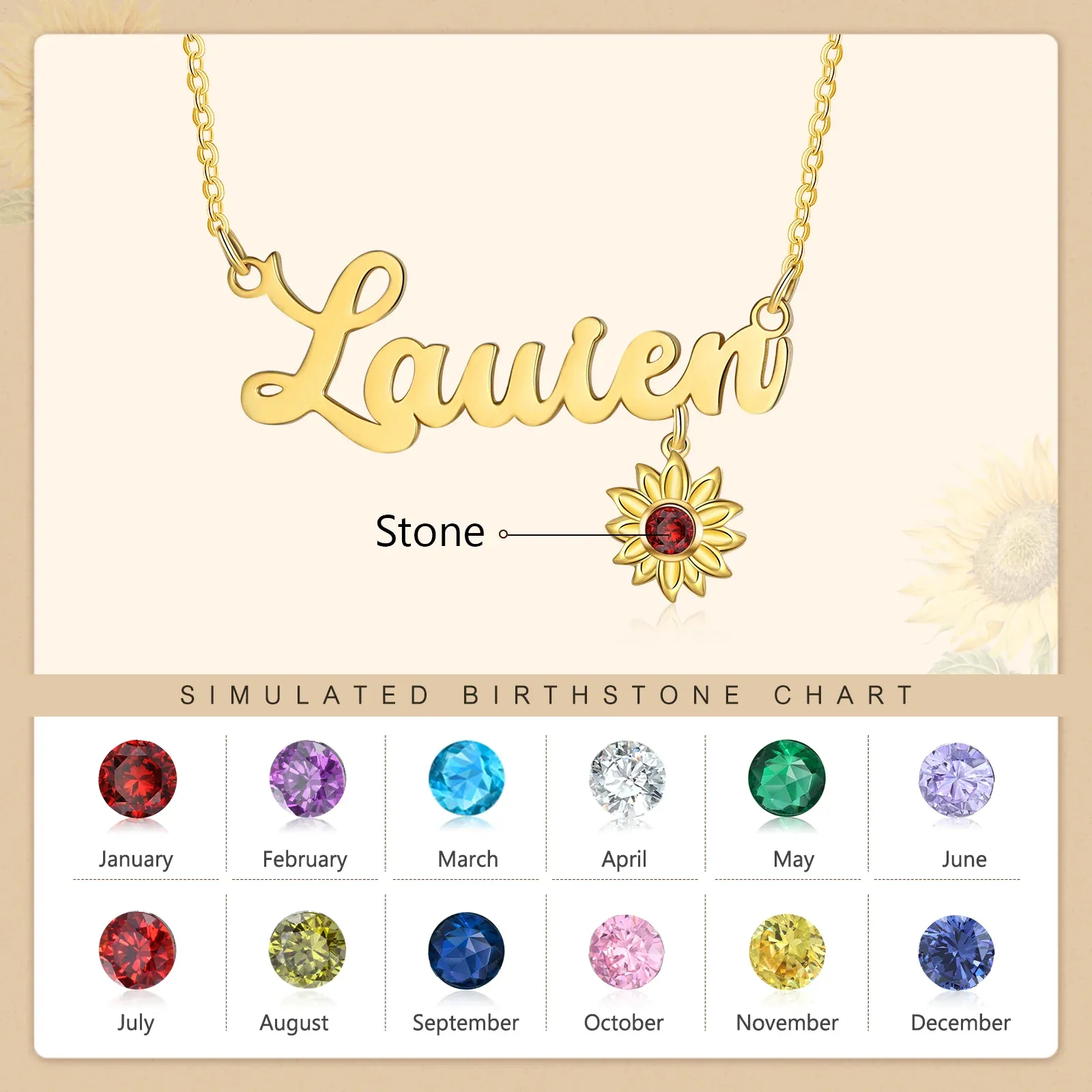 Dazzling Sunflower Birthstone Necklace in Gold Vermeil-YAFEINI Personalized Jewelry