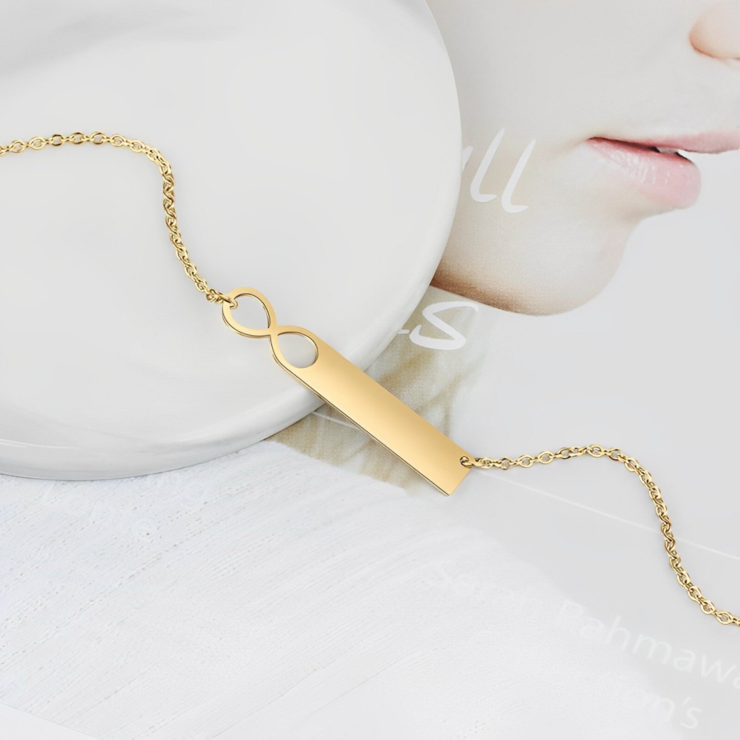 Endless Connection Bar Necklace with Engraving in 14K Solid Gold-YAFEINI Personalized Jewelry