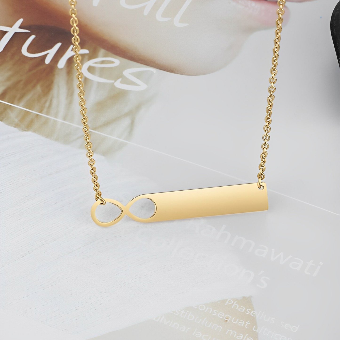 Endless Connection Bar Necklace with Engraving in 14K Solid Gold-YAFEINI Personalized Jewelry