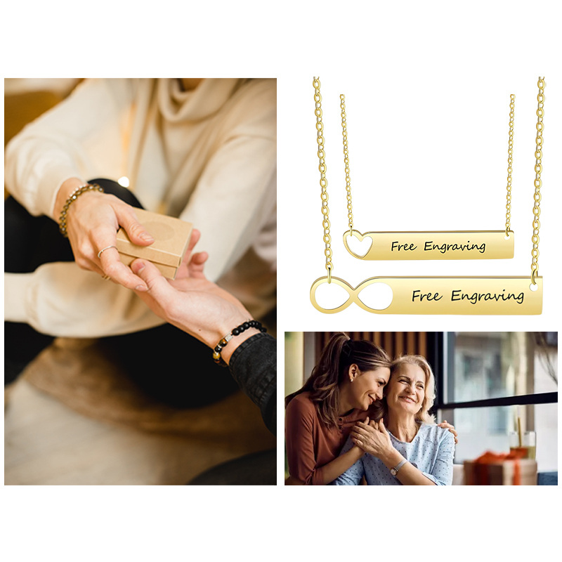 Endless Connection Bar Necklace with Engraving in 14K Solid Gold-YAFEINI Personalized Jewelry