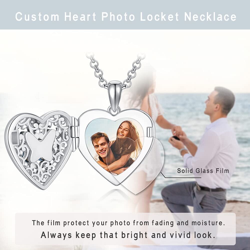 Personalized Blue Butterfly Crystal Heart Custom Photo Locket Necklace in Sterling Silver-YAFEINI Personalized Jewelry