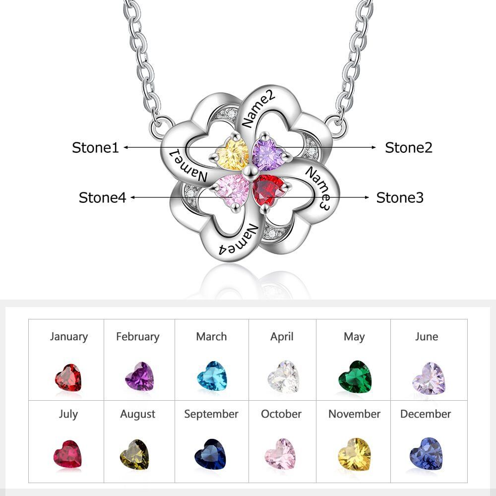 Personalized Four Leaf Clover Birthstone Necklace in Sterling Silver-YAFEINI Personalized Jewelry