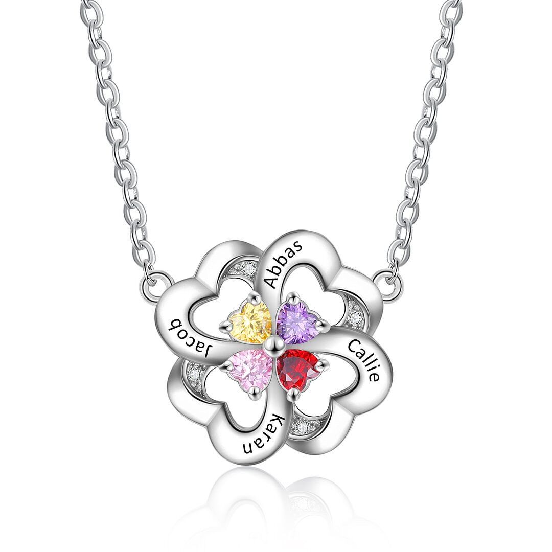 Personalized Four Leaf Clover Birthstone Necklace in Sterling Silver-YAFEINI Personalized Jewelry