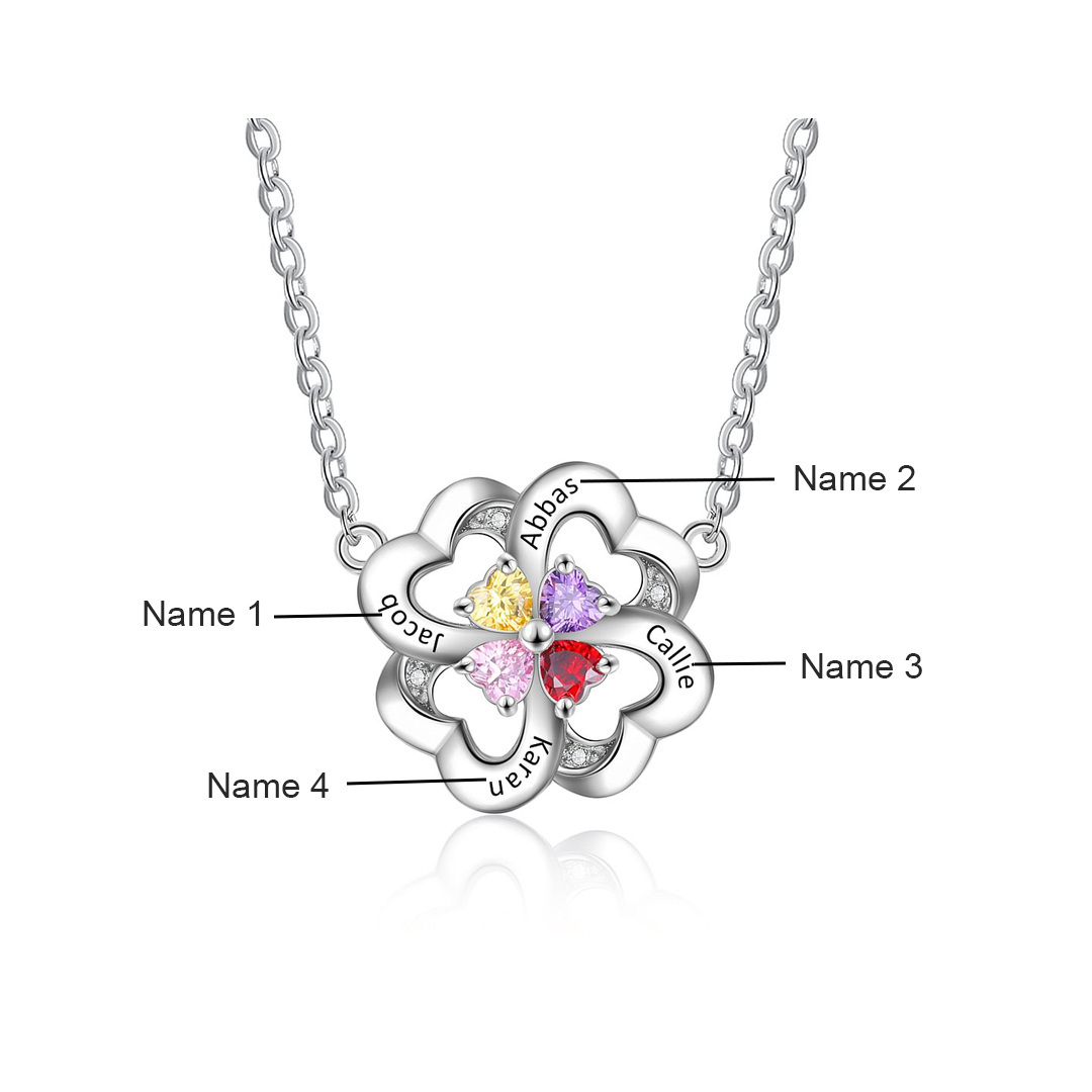 Personalized Four Leaf Clover Birthstone Necklace in Sterling Silver-YAFEINI Personalized Jewelry