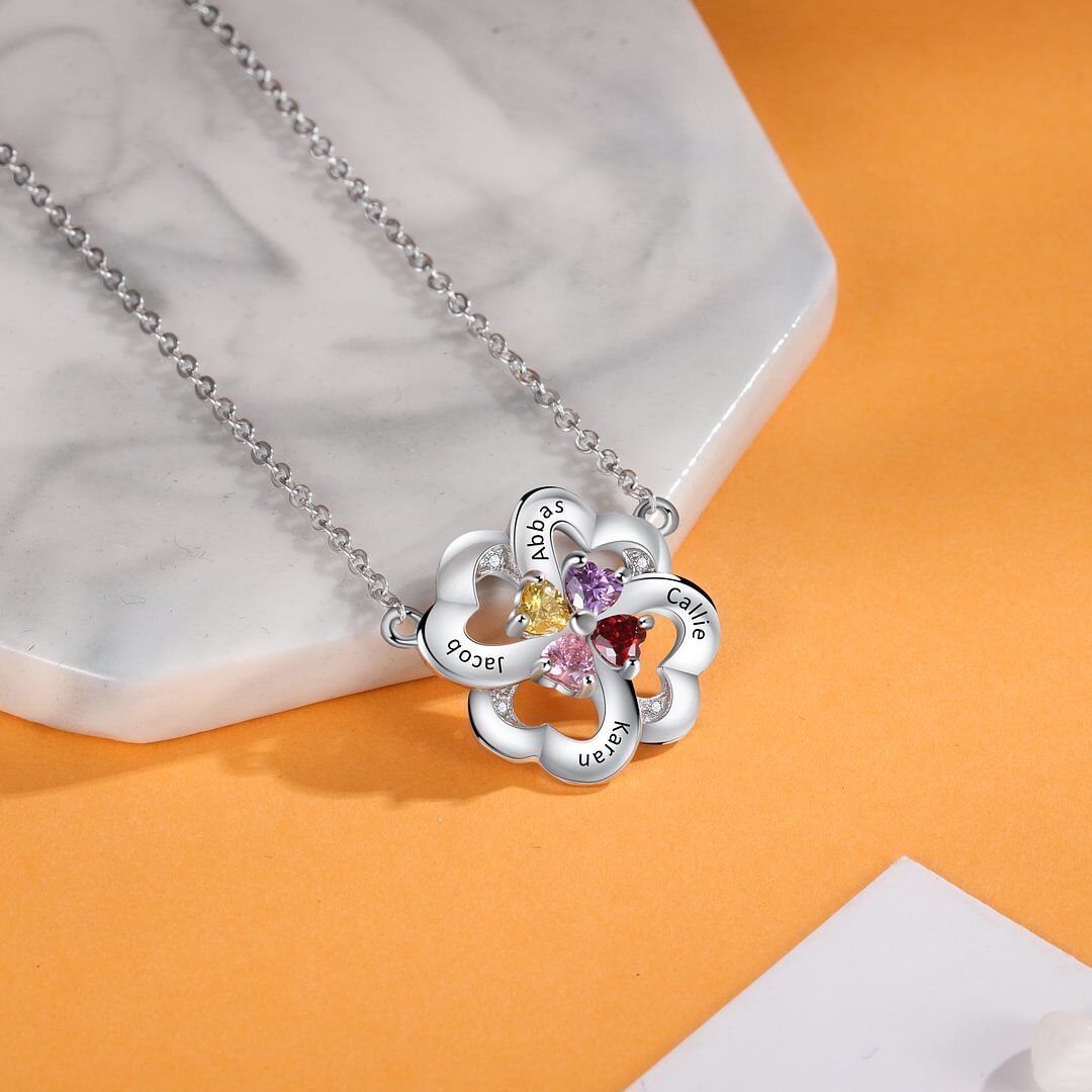 Personalized Four Leaf Clover Birthstone Necklace in Sterling Silver-YAFEINI Personalized Jewelry