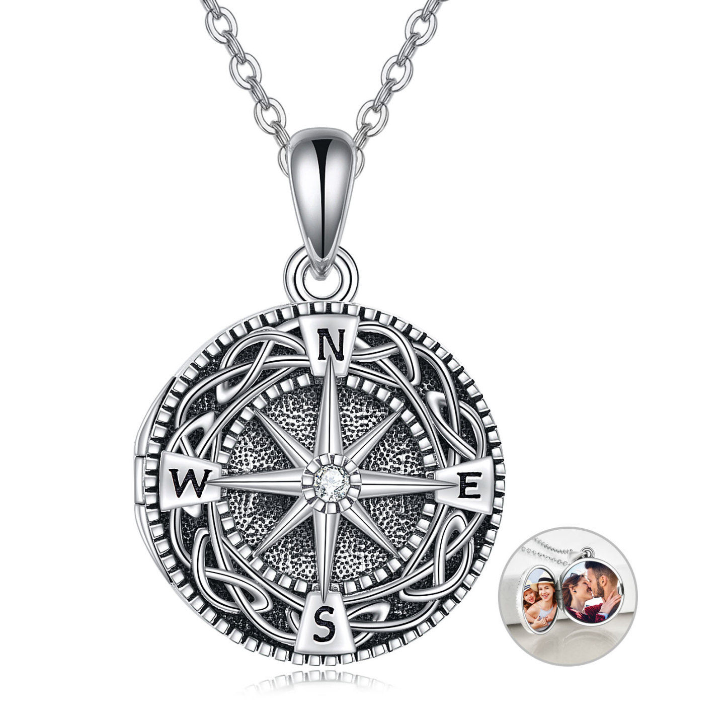 Personalized Zircon Celtic Knot Compass Custom Photo Locket Necklace in Sterling Silver-YAFEINI Personalized Jewelry
