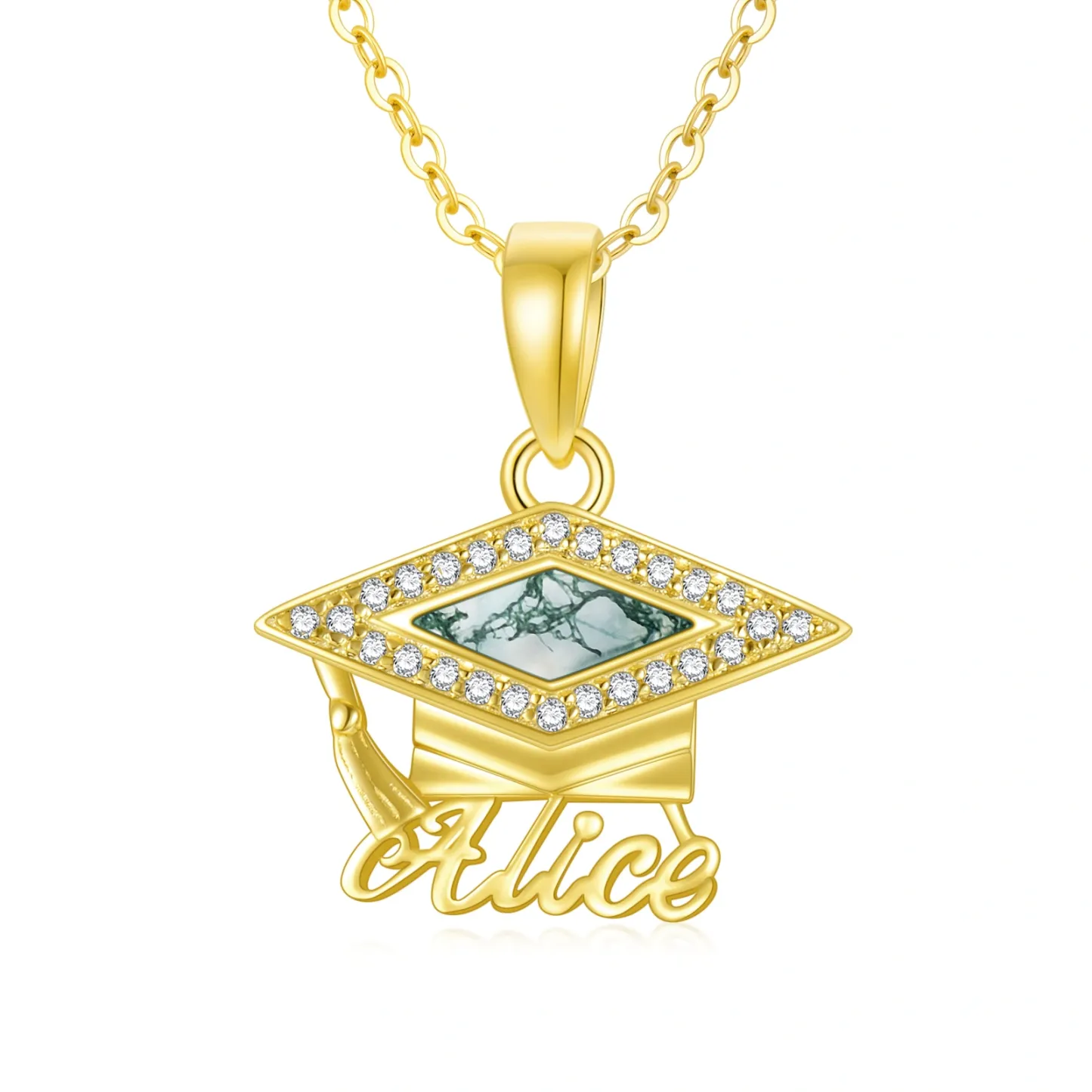 Captivating Princess-square Name Moss Agate Necklace with Cap in Gold Vermeil-YAFEINI Personalized Jewelry