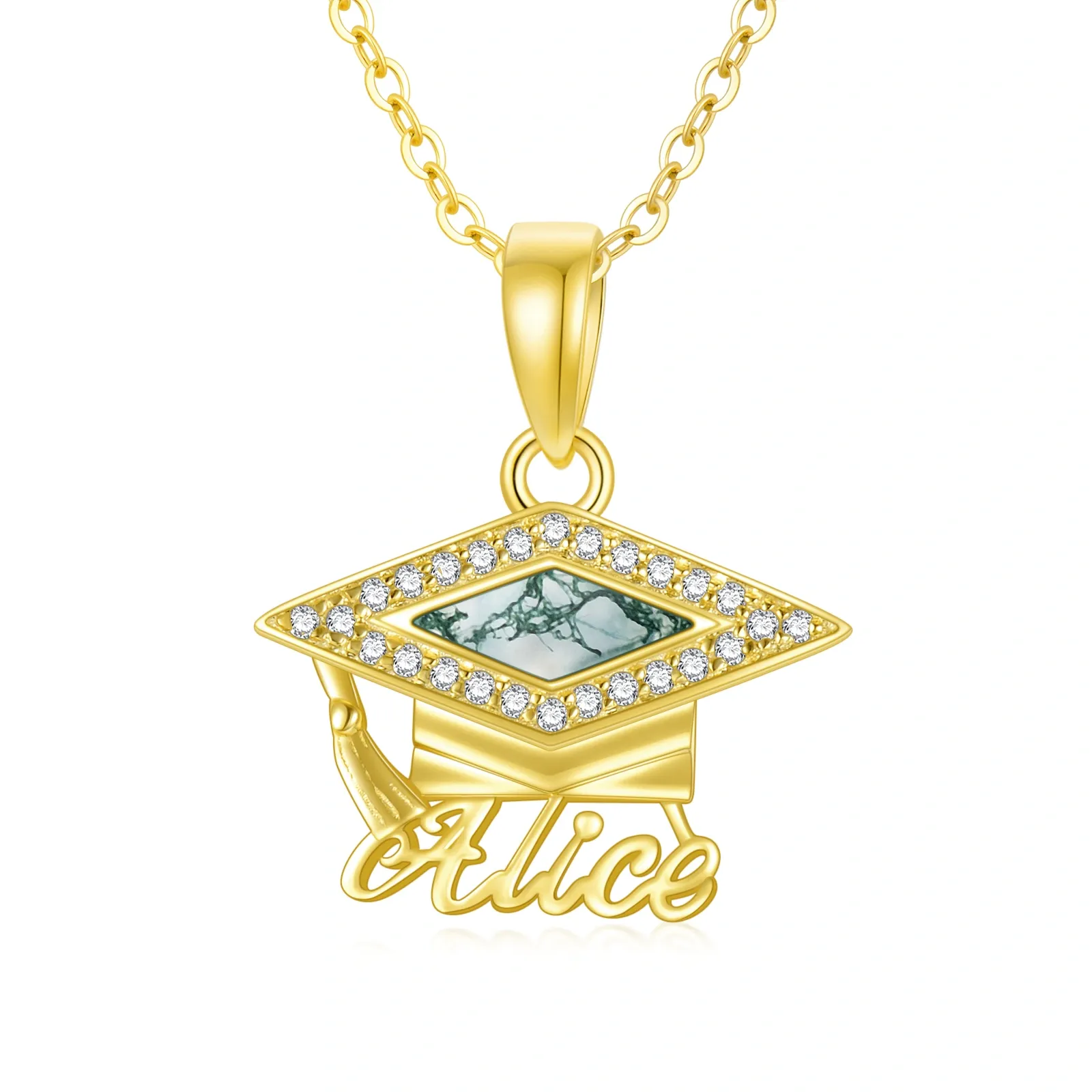 Captivating Princess-square Name Moss Agate Necklace with Cap in Gold Vermeil-YAFEINI Personalized Jewelry