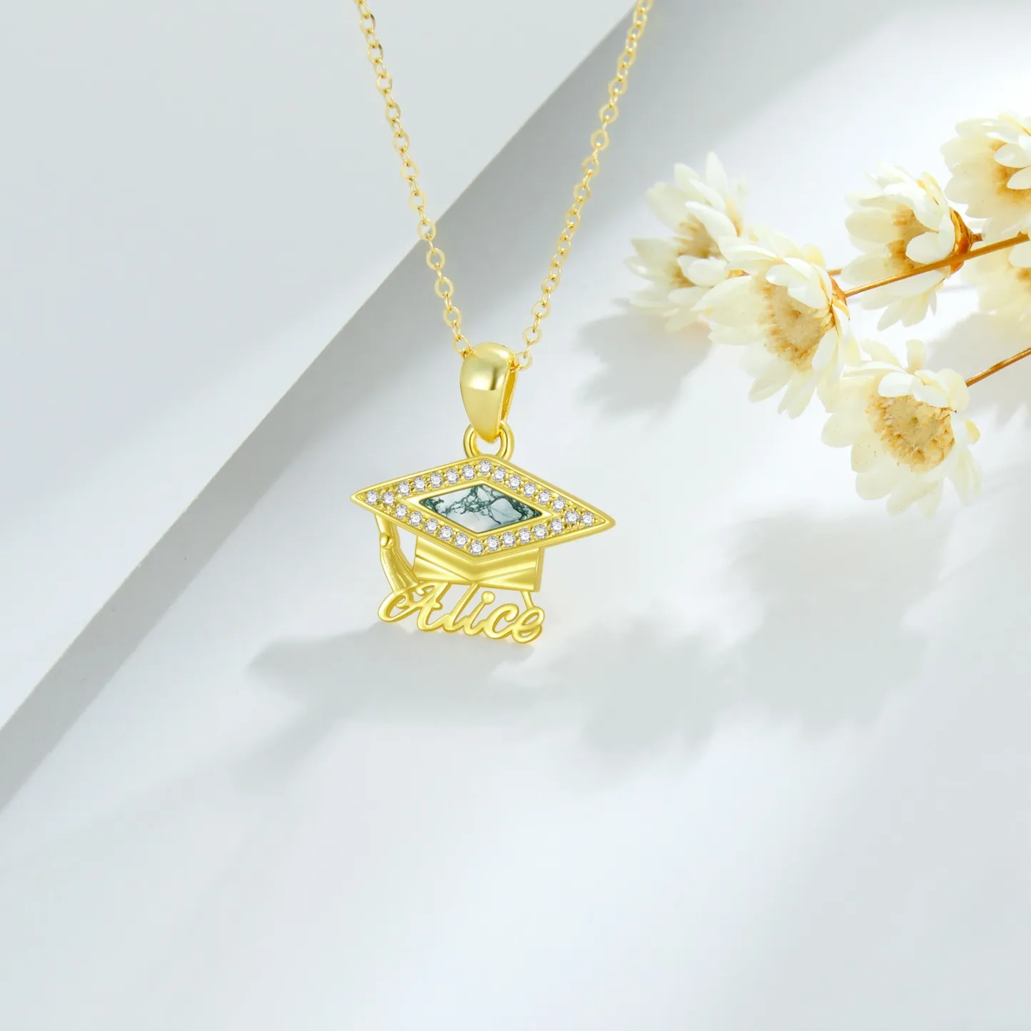 Captivating Princess-square Name Moss Agate Necklace with Cap in Gold Vermeil-YAFEINI Personalized Jewelry