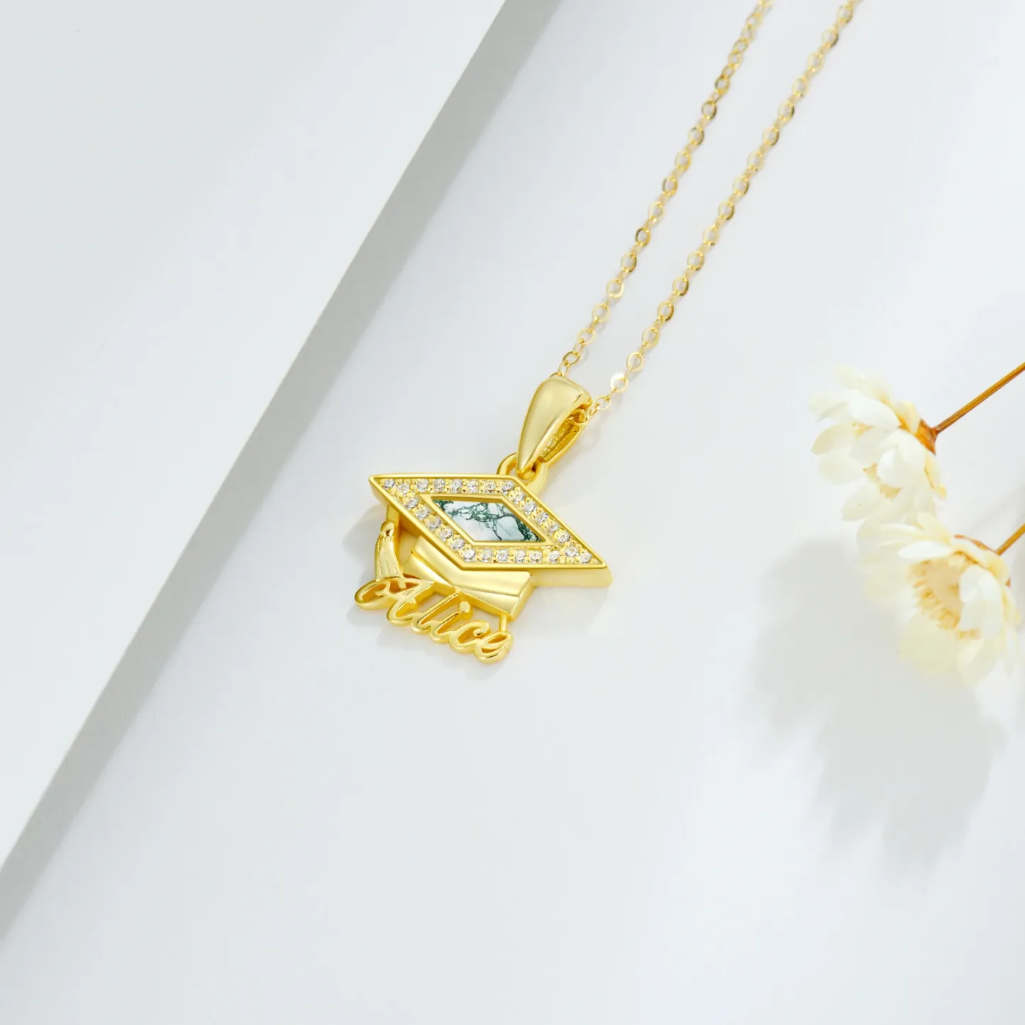 Captivating Princess-square Name Moss Agate Necklace with Cap in Gold Vermeil-YAFEINI Personalized Jewelry