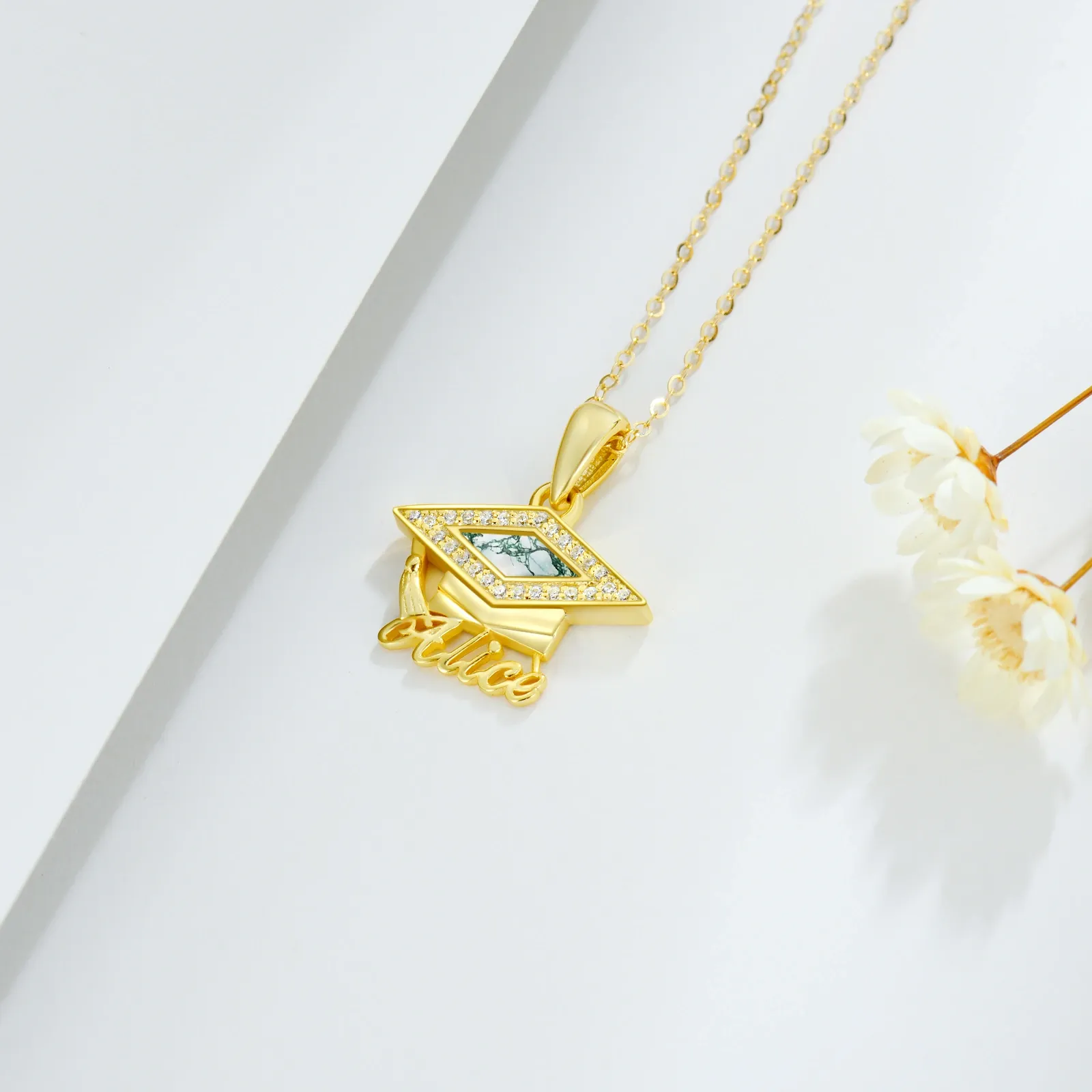 Captivating Princess-square Name Moss Agate Necklace with Cap in Gold Vermeil-YAFEINI Personalized Jewelry
