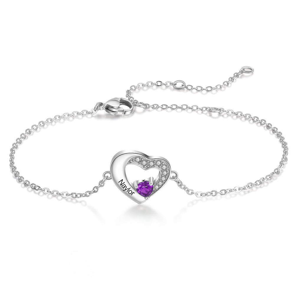 Sparkling Heart Birthstone Name Bracelet in Sterling Silver-YAFEINI Personalized Jewelry