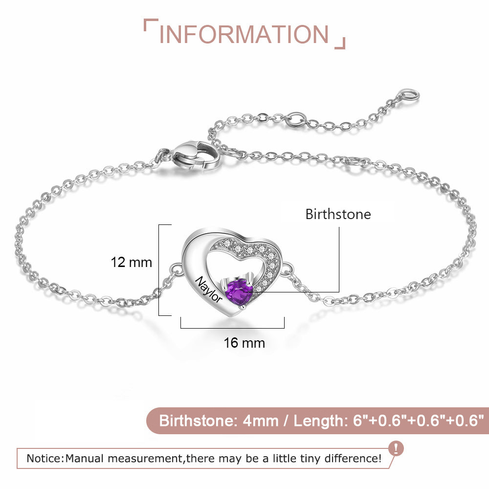 Sparkling Heart Birthstone Name Bracelet in Sterling Silver-YAFEINI Personalized Jewelry
