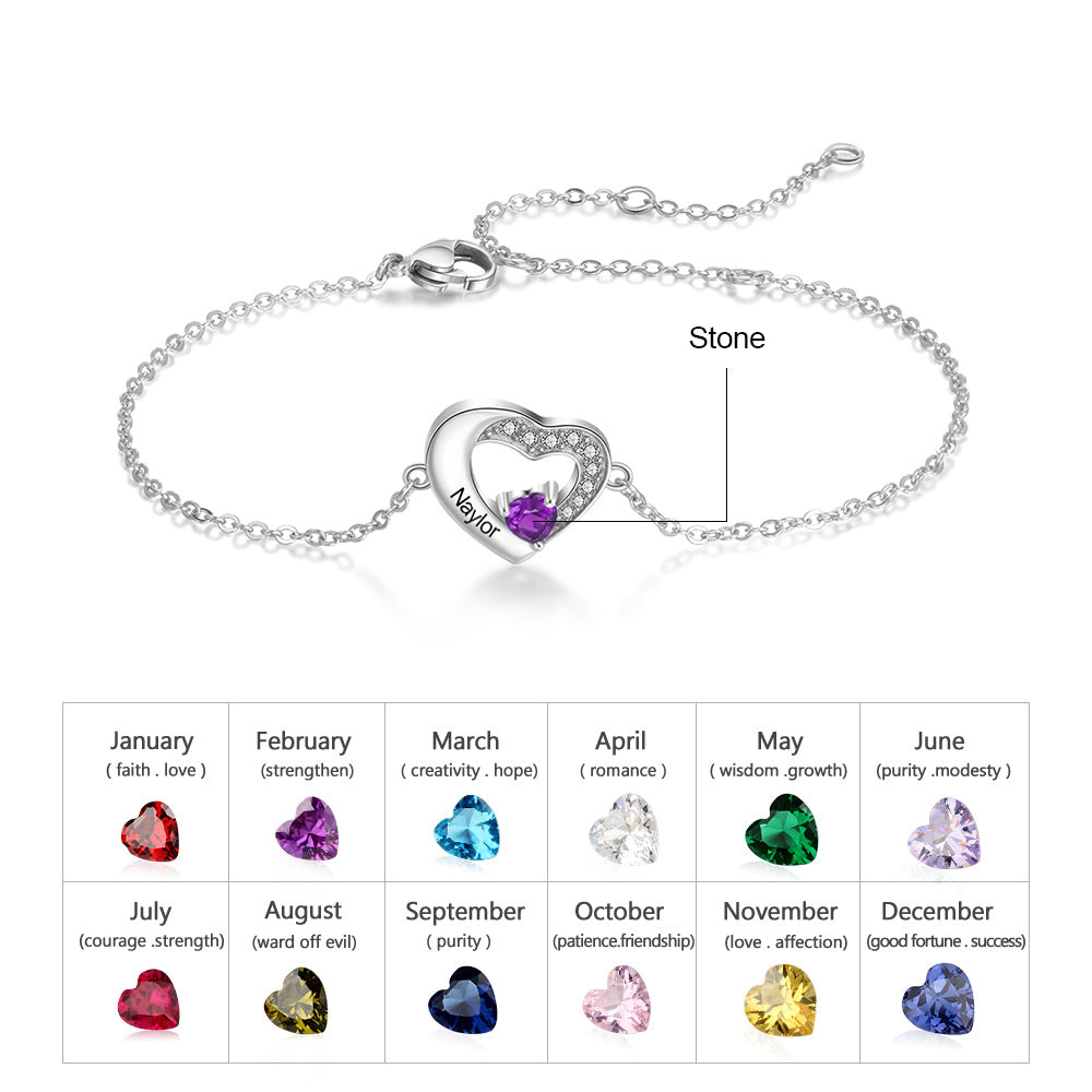 Sparkling Heart Birthstone Name Bracelet in Sterling Silver-YAFEINI Personalized Jewelry