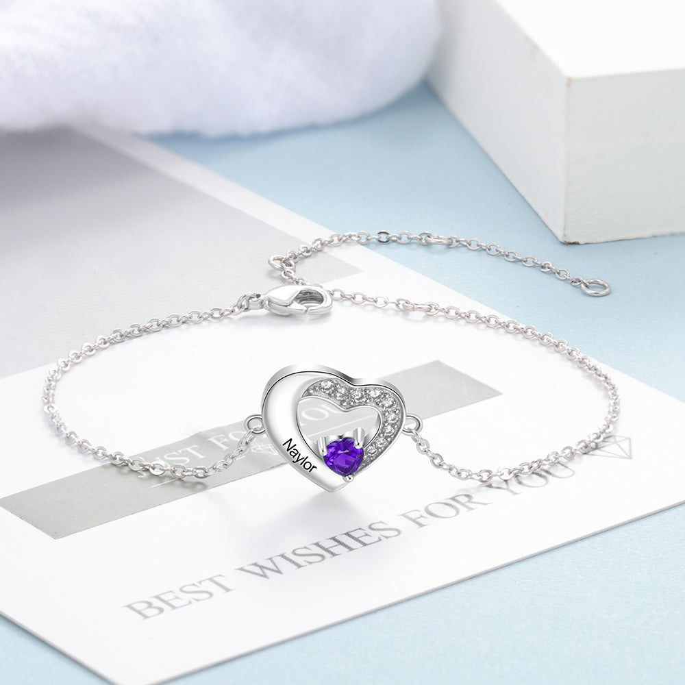 Sparkling Heart Birthstone Name Bracelet in Sterling Silver-YAFEINI Personalized Jewelry