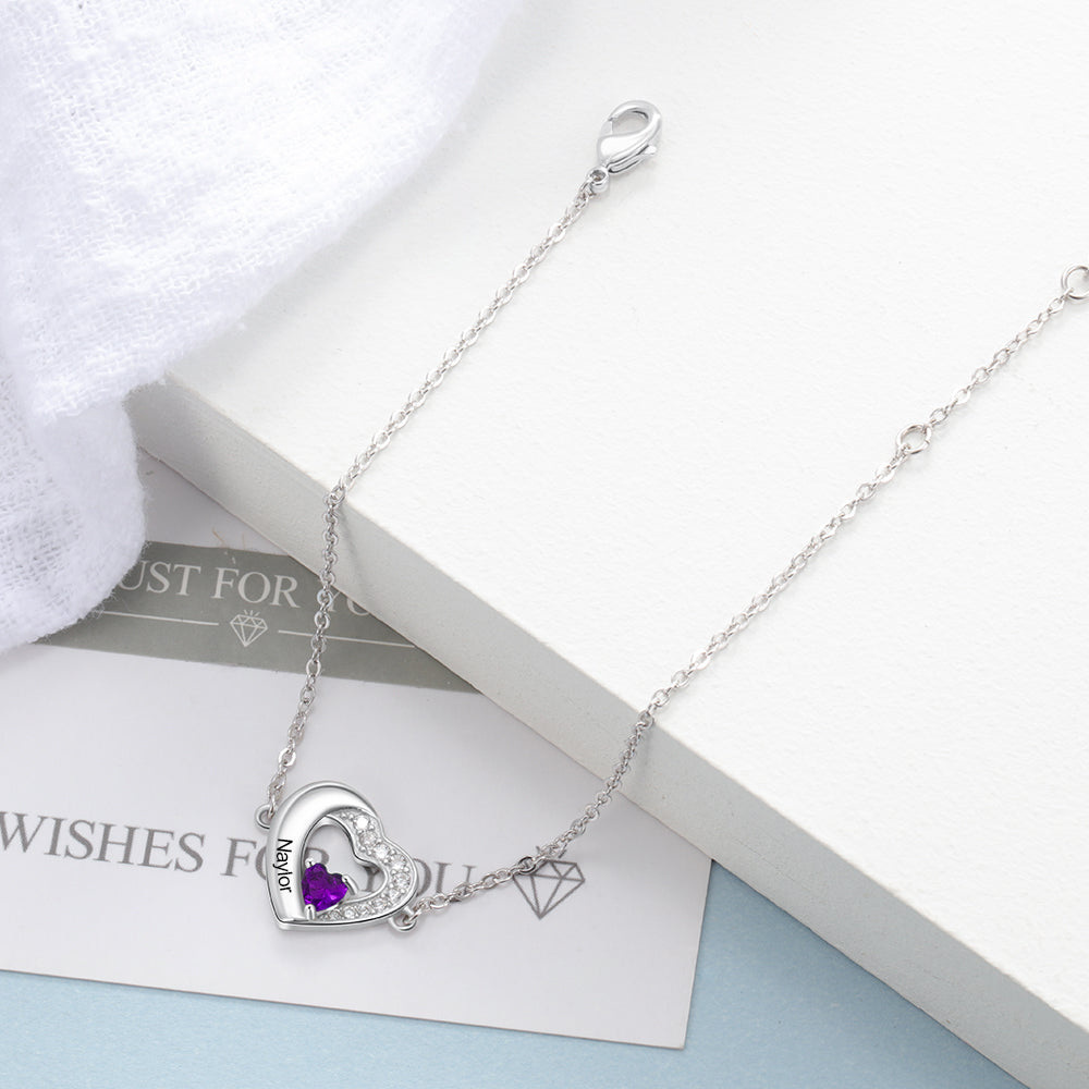Sparkling Heart Birthstone Name Bracelet in Sterling Silver-YAFEINI Personalized Jewelry