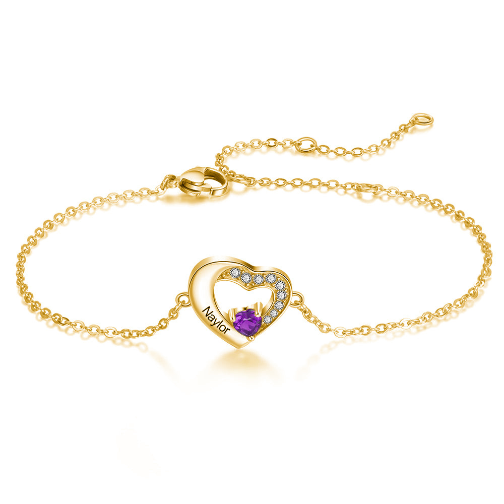 Sparkling Heart Birthstone Name Bracelet in 14K Solid Gold-YAFEINI Personalized Jewelry