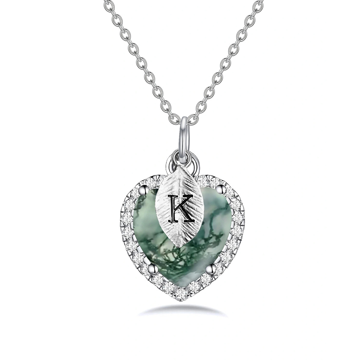 Enchanted Heart Initial Necklace with Moss Agate Charm in Sterling Silver-YAFEINI Personalized Jewelry