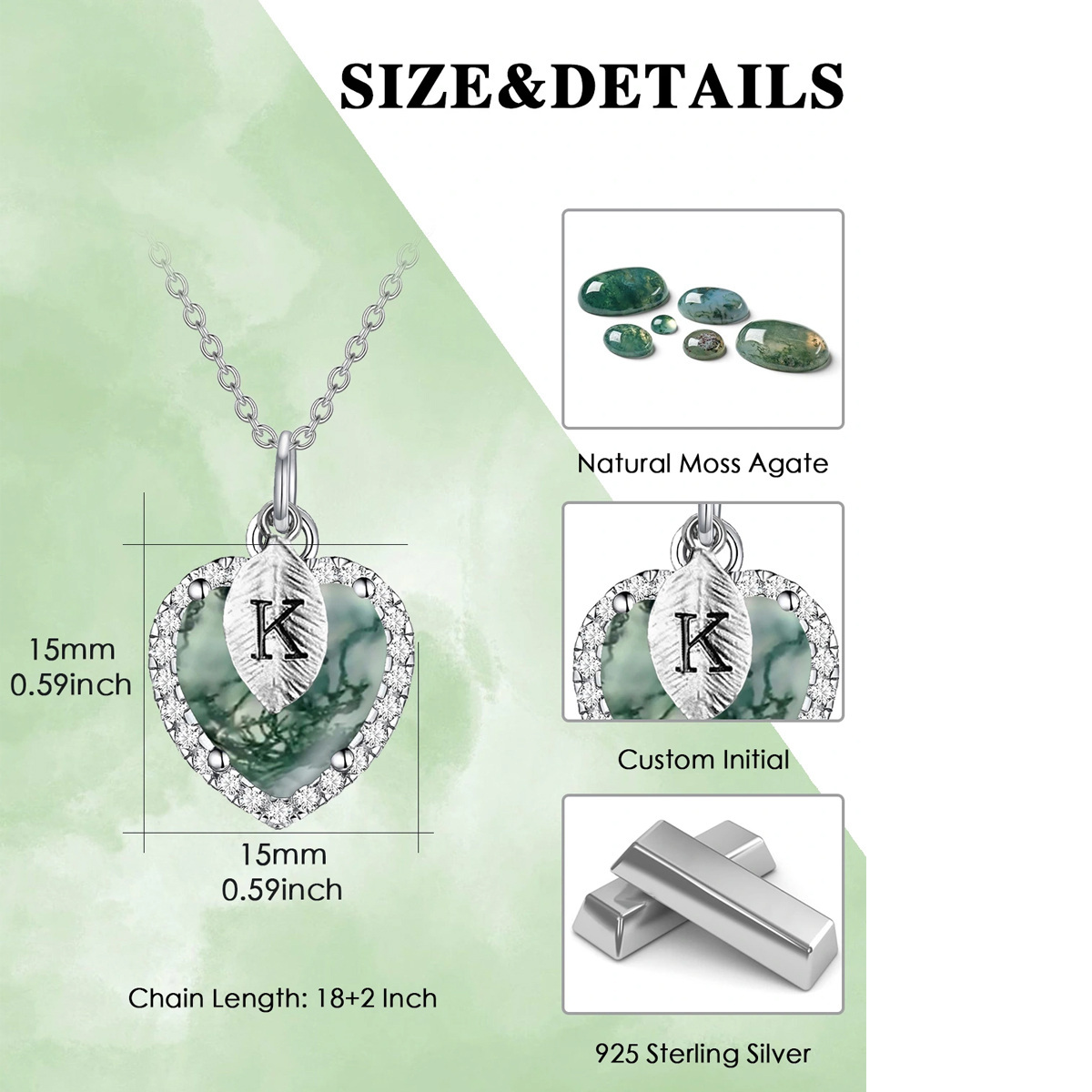 Enchanted Heart Initial Necklace with Moss Agate Charm in Sterling Silver-YAFEINI Personalized Jewelry