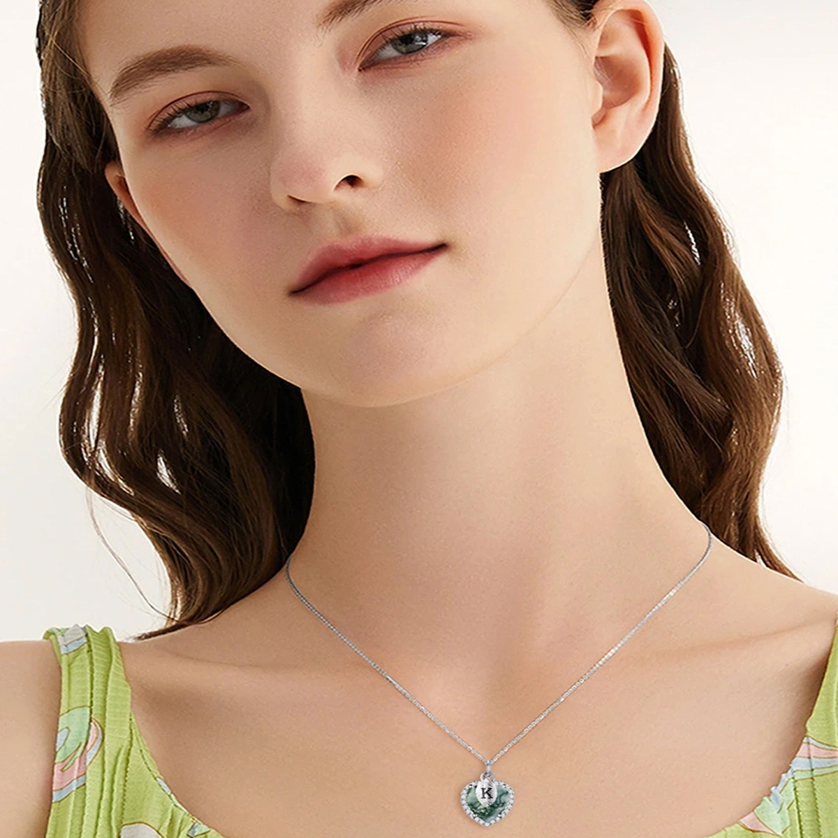 Enchanted Heart Initial Necklace with Moss Agate Charm in Sterling Silver-YAFEINI Personalized Jewelry