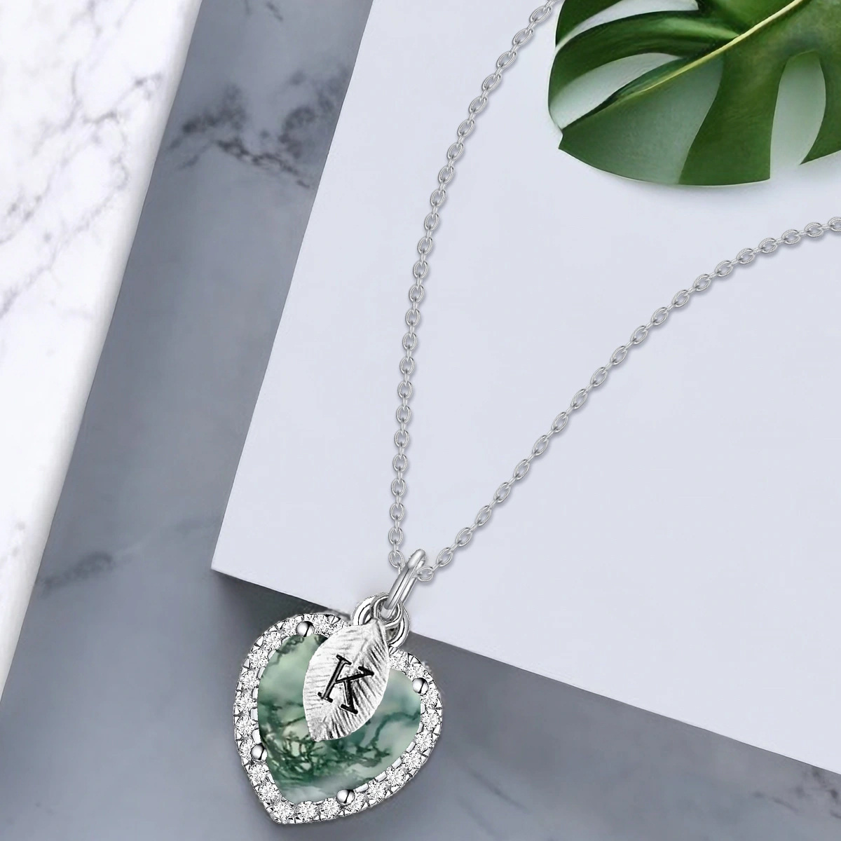 Enchanted Heart Initial Necklace with Moss Agate Charm in Sterling Silver-YAFEINI Personalized Jewelry