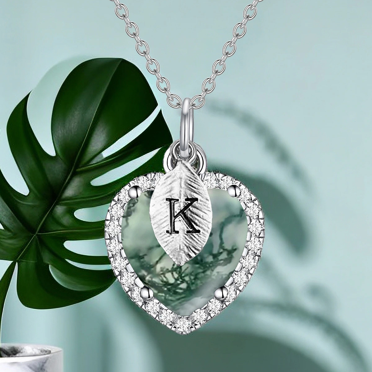 Enchanted Heart Initial Necklace with Moss Agate Charm in Sterling Silver-YAFEINI Personalized Jewelry