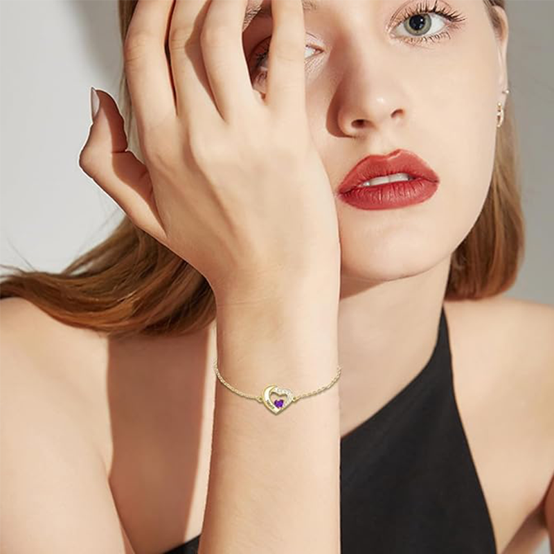Sparkling Heart Birthstone Name Bracelet in 14K Solid Gold-YAFEINI Personalized Jewelry