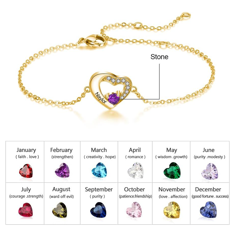 Sparkling Heart Birthstone Name Bracelet in 14K Solid Gold-YAFEINI Personalized Jewelry