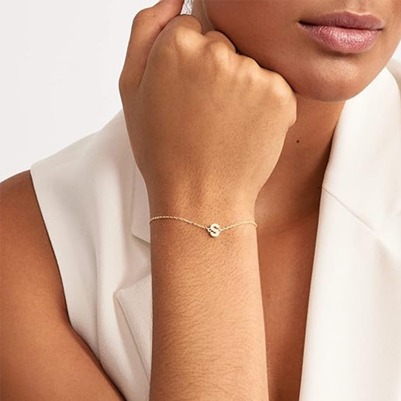 Sleek Initial Letter Bracelet in 14K Solid Gold-YAFEINI Personalized Jewelry