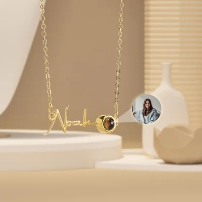 Personlized Name Photo Projection Necklace In 14K Gold