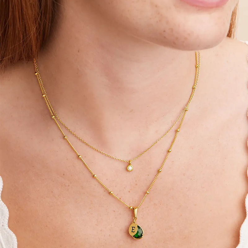 Elegant Birthstone Initial Necklace with Custom Charm in 14K Solid Gold-YAFEINI Personalized Jewelry