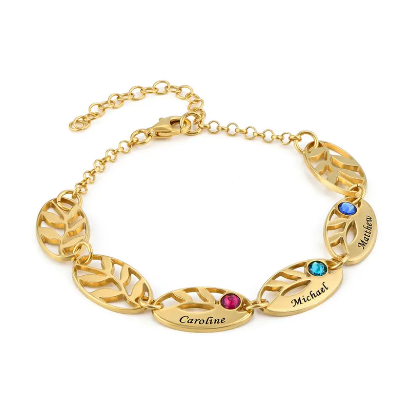 Elegant Birthstone Name Leaf Bracelet in Gold Vermeil-YAFEINI Personalized Jewelry