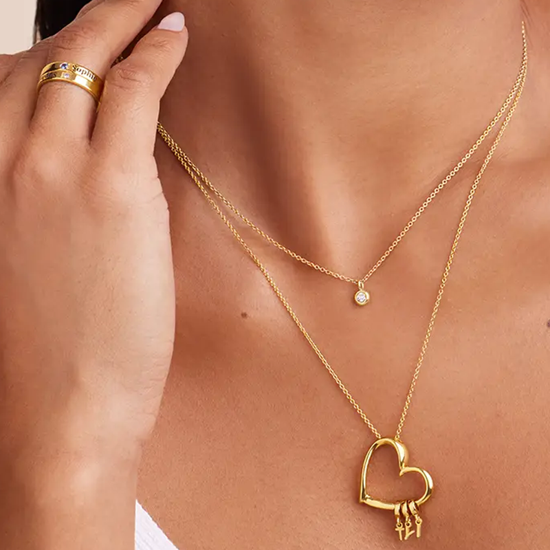Timeless Heart Initial Necklace with Personalized Drop Charm in 14K Solid Gold-YAFEINI Personalized Jewelry