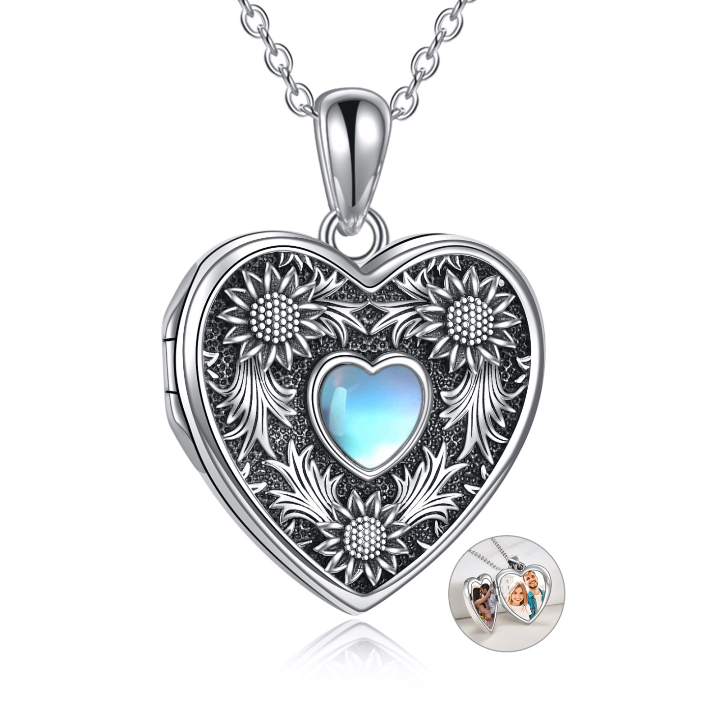 Personalized Moonstone Heart Shaped Rose Custom Photo Locket Necklace in Sterling Silver-YAFEINI Personalized Jewelry