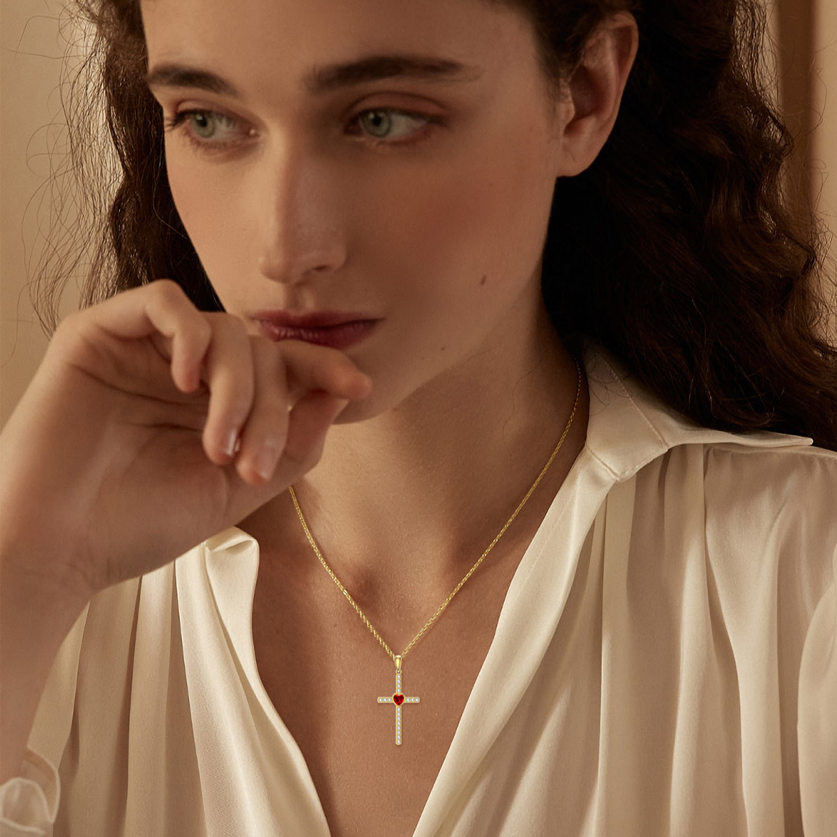 Zircon Cross Pendant Birthstone Necklace in Gold Vermeil-YAFEINI Personalized Jewelry